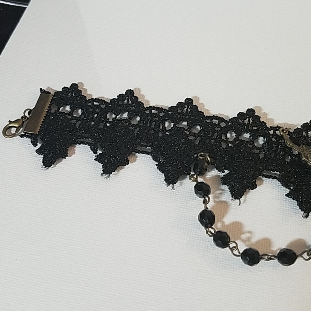 Black Beaded Satin Large Charm Choker 23" - Picture 4 of 8